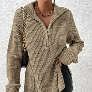 Casual Zipper detailed Split Hem Knit Sweater khaki
